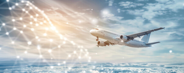 Fototapeta premium A white airplane flying through a cloudy sky with a network of lines surrounding it. Concept of movement and connectivity, as if the airplane is a part of a larger system
