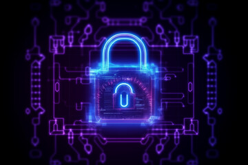 Background image of a technology information security concept with a padlock symbol for security and encrypted data protection.