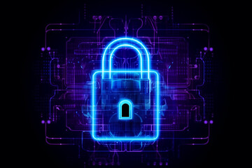 Background image of a technology information security concept with a padlock symbol for security and encrypted data protection.