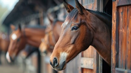 Head of horse looking over the stable doors on the background of other horses