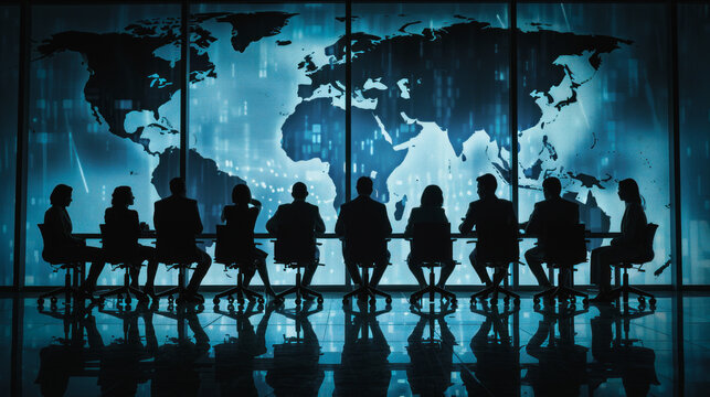 A group of people are sitting at a table in front of a large map of the world. The people are all dressed in business attire and appear to be in a meeting. Scene is serious and professional