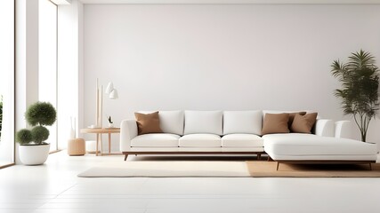 Minimalistic Generative AI Style a contemporary white living room with a white wall that is blank for a 3D render.The rooms' white floors and brown furniture décorLarge sliding doors are open. ignorin