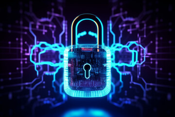 Background image of a technology information security concept with a padlock symbol for security and encrypted data protection.