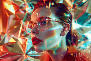 A model with red hair is wearing glasses with prescription lenses, with a modern background featuring neon lights in a trending style