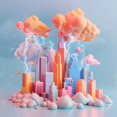 a vibrant city skyline during a thunderstorm