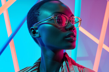 A model with dark skin is wearing glasses with prescription lenses, with a modern background featuring neon lights in a trending style