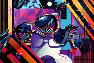 Glasses with prescription dioptric lenses, a bright abstract background, geometric spots and strokes, modern style