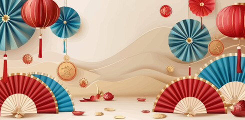 a chinese new year's background with paper fans and lanterns