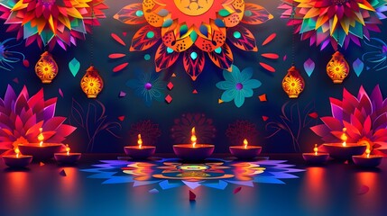a festive celebration of Diwali with colorful rangoli patterns and lanterns