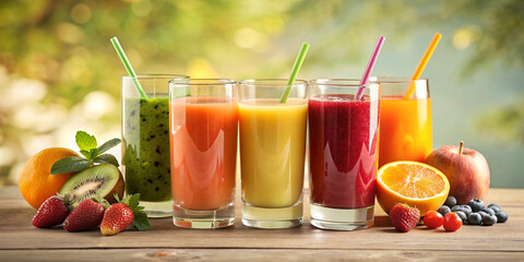 A variety of fruit smoothies in glasses with straws, surrounded by fresh fruits such as oranges,...