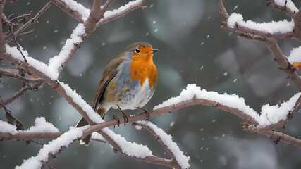 Robin in snowy tree