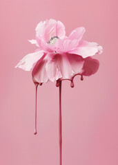 A single flower with dripping paint on a pastel pink background, rendered in a minimalistic, elegant style