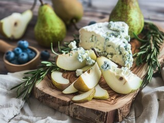 Savory Elegance: Blue Cheese and Fresh Pear on Rustic Wooden Board