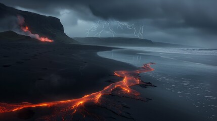 large black sand beach, small volcano lava