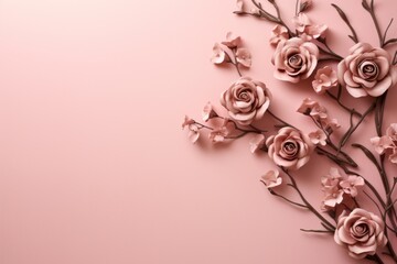 pink roses on a pink background. copy space and flat lay design, whimsical elements, twisted branches,