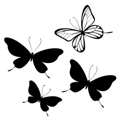 Butterfly. Flock of flying butterflies. Isolated black silhouette on white background. Vector illustration