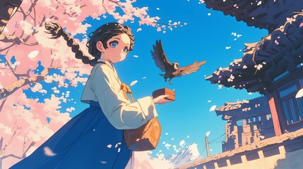 A cute girl in a hanbok heading to the palace with a bird flying in the background where the flowers of the tree are scattered. Generative AI