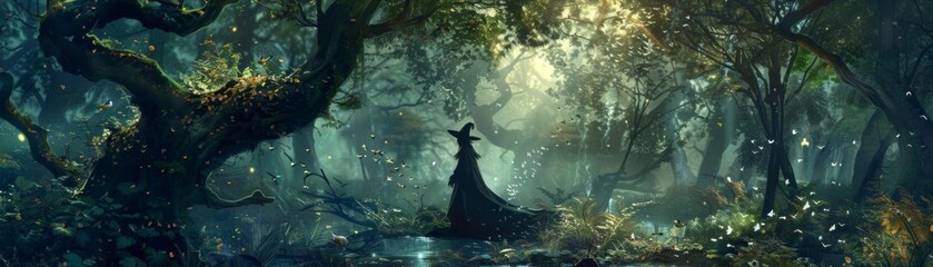 A witch stands in a dark forest, surrounded by tall trees and strange glowing plants