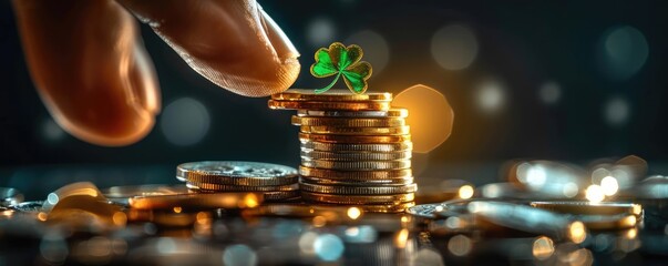 A hand holding a stack of coins with a vibrant green clover placed delicately on top, under a beam of sunlight, symbolizing hope and financial stability