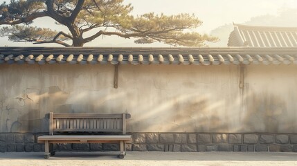 The street with benches and the background overlooking traditional Korean temples and big trees. Generative AI