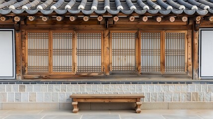 A street with traditional Korean houses featuring many windows and a bench. Generative AI