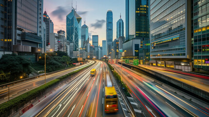 Fototapeta na wymiar Light flow of traffic on a evening highway in a city with modern high buildings