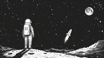 Obraz premium black night sky, astronaut and spaceship floating in the space, white on black background, cartoon
