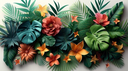 Tropical vertical border with palm leaves, exotic flowers and hummingbirds on a white background. 