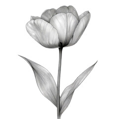 A black and white artistic illustration of a tulip flower with elegant petals and leaves.