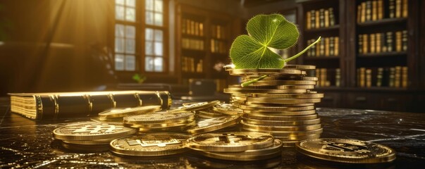 A stack of shiny coins with a green clover resting on top, set on a glossy table in a modern office, symbolizing luck in finance