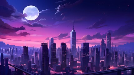 Night city panorama with skyscrapers and moon. 3d rendering