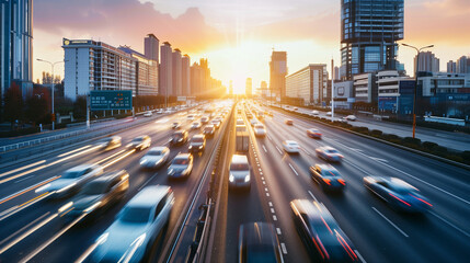 Fototapeta premium Light flow of traffic on a evening highway in a city with modern high buildings