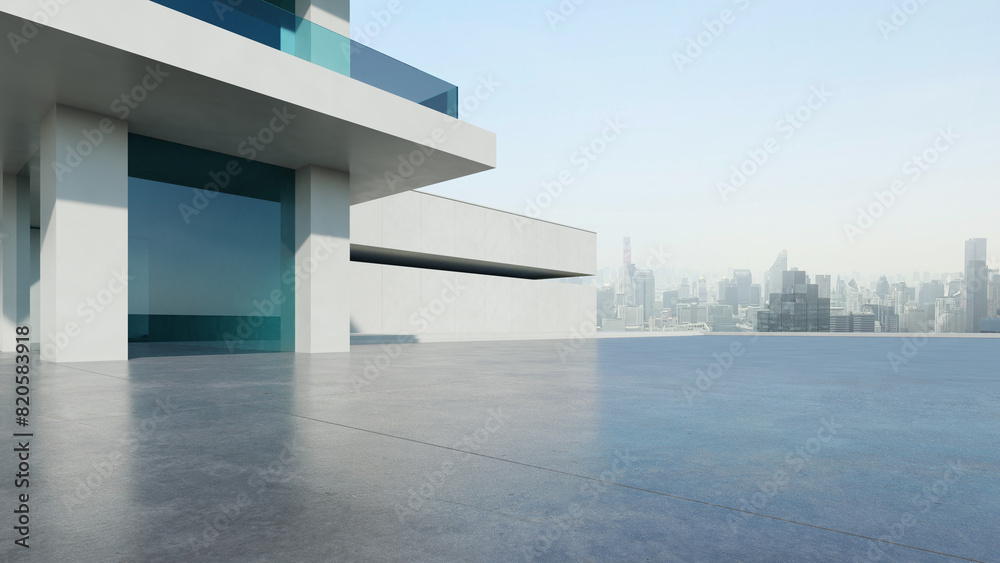 Poster  3d render of abstract modern architecture with empty concrete floor and city skyline background, car presentation background.