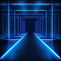 Abstract blank virtual background with blue neon lights, concrete floor and dark room for presentation. Background of glowing lines in the air. tunnel space, revealing mysterious depths