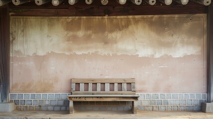 Stone walls and wooden bench in traditional Korean building. Generative AI