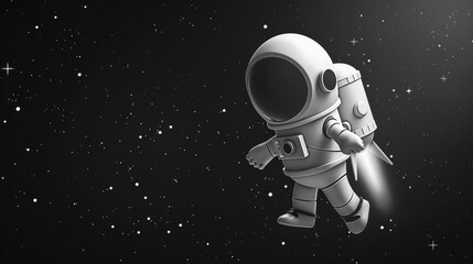 black night sky, astronaut and spaceship floating in the space, white on black background, cartoon