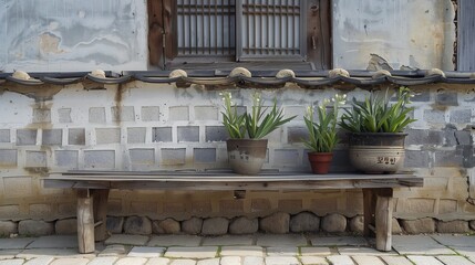 A background with traditional Korean houses and walls and old benches and pots. Generative AI