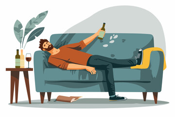  Hangover Concept with Unhappy Man Lying on Couch, Suffering from Alcohol Addiction Headache