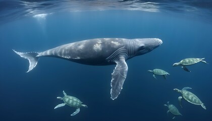 A Blue Whale Swimming Past A Group Of Sea Turtles