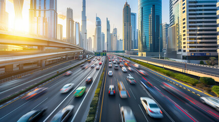 Fototapeta premium Light flow of traffic on a evening highway in a city with modern high buildings
