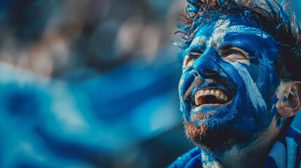 Vibrant Portrait of a Joyful male Scotland Supporter with a Scottish Flag Painted on His Face, Celebrating at UEFA EURO 2024