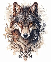 Fototapeta premium Tattoo of heraldry gothic ornate wild fox head. Abstract Logo design or print of wolf face. Wild animal celtic print tattoo. 