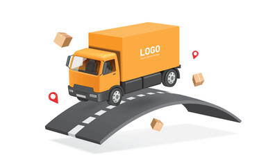 Delivery and online shopping concept ,Cargo yellow trucks drive on road and there is a parcel box or cardboard box, all red maps floating in the air around, vector 3d isolated for logistics design