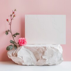 A background decorated with stones, red roses, and white canvas painting paper that can be used for the product's mock-up. Generative AI