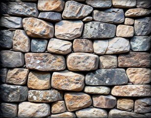 A full-frame close-up of a textured stone wall with varied shapes and warm earthy tones suitable for background use.. AI Generation