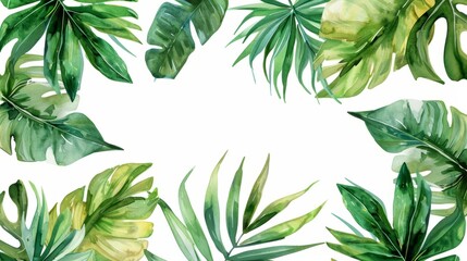 Watercolor tropical leaves frame on white background. Hand painted illustration, Watercolor hand painted frame with tropical green leaves and branches, AI Generated