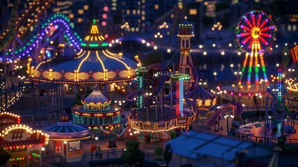 At night, the city amusement park, glowing with vibrant lights, buzzes with laughter and thrilling rides.