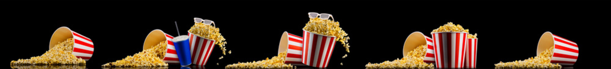 Set of bucket with popcorn and 3D glasses isolated on black background