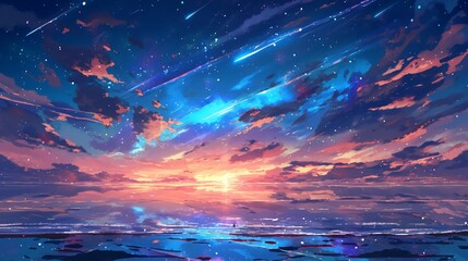 The sunset sky with shooting stars on the beautiful sea. Generative AI