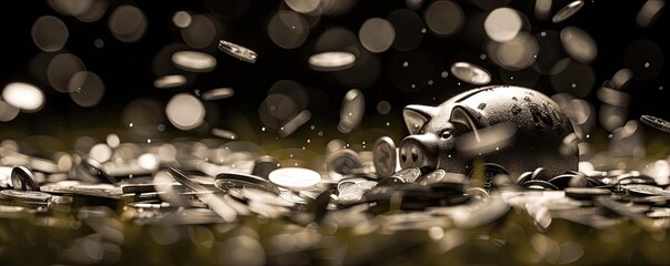 A vibrant image of a broken piggy bank with coins and small dollar bills falling onto a grassy field, showing the spread of wealth